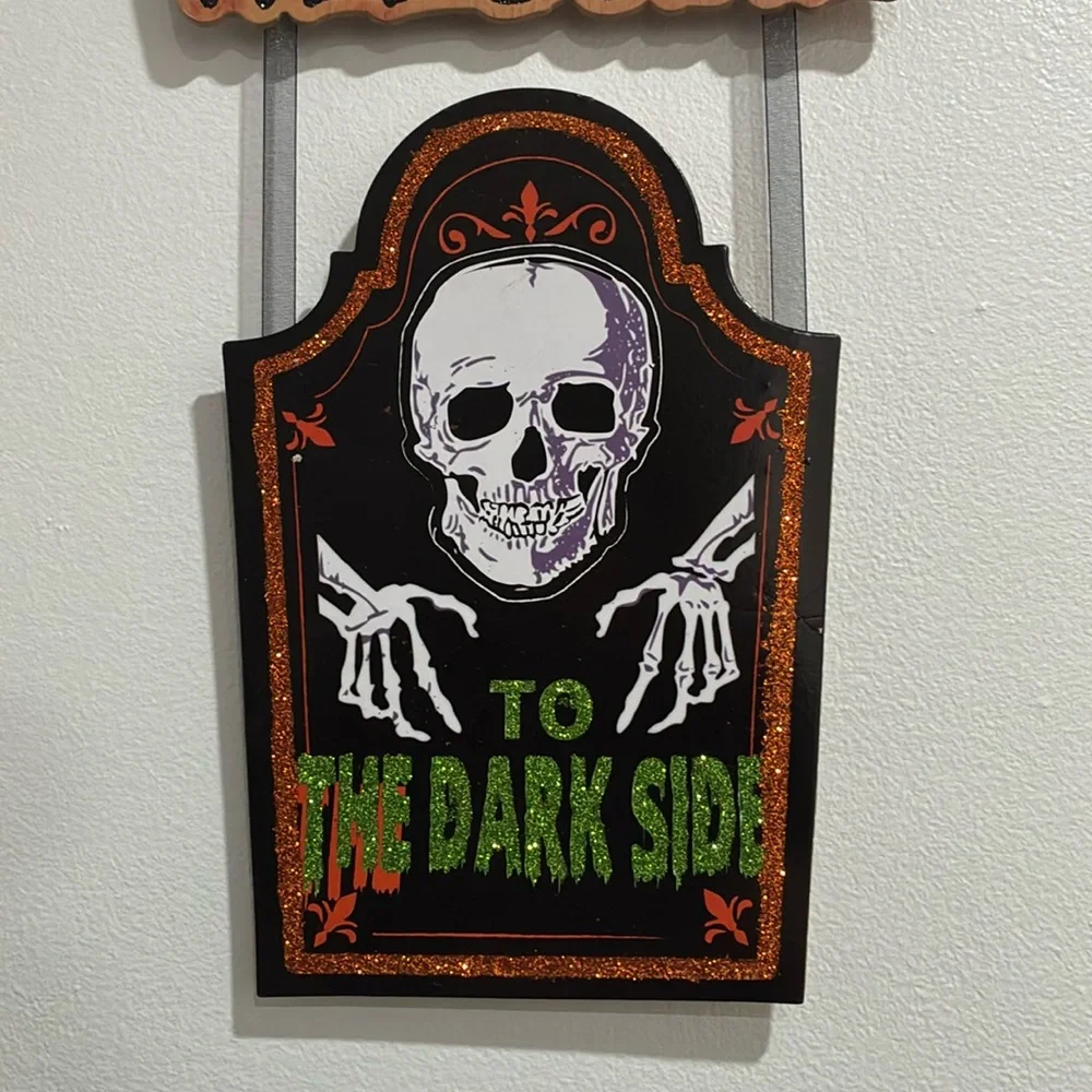 NWT-WELCOME- To The Dark Side- Glittered Wooden Tombstone Sign w/ Skeleton